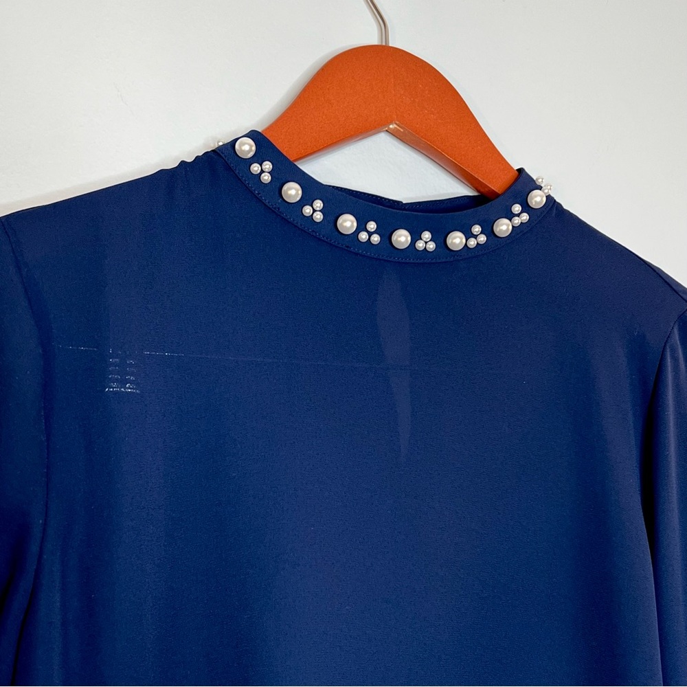 Worthington Embellished Beaded Blouse Sz S Navy Blue Mock Neck Bishop Sleeves - Picture 4 of 14